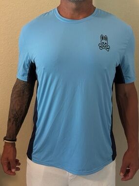 Psycho Bunny Sky Blue Athletic Shirt with Navy Panels